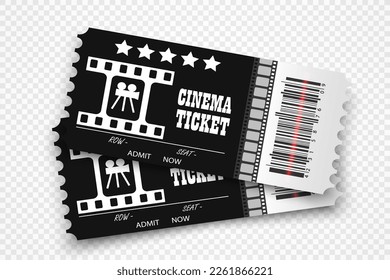 Vector cinema tickets isolated on transparent background. Realistic cinema entrance ticket.	