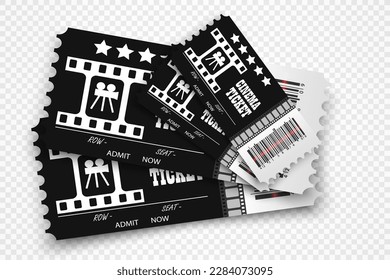 Vector cinema tickets isolated on transparent background. Realistic cinema entrance ticket.	