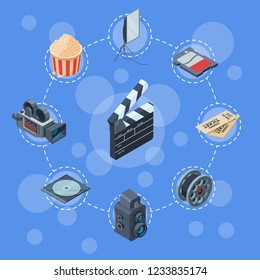 Vector cinematograph isometric elements infographic concept illustration