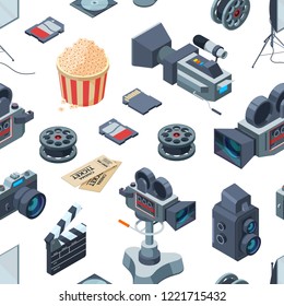 Vector cinematography isometric elements pattern or background illustration. Seamless pattern cinema, isometric film and video