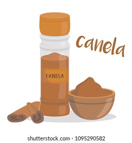 Vector cinnamon illustration isolated in cartoon style. Spanish name. Herbs and Species Series