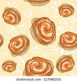 Vector Cinnamon rolls cartoon illustration. Cinnamon rolls background seamless vector. Ready to use for packaging pattern. Bakery packaging. Pastry pattern packaging