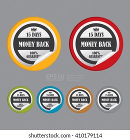Vector : Circle 15 Days Money Back 100% Guarantee - Product Label, Campaign Promotion Infographics Flat Icon, Peeling Sticker, Sign