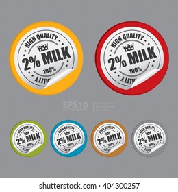 Vector : Circle 2% Milk 100% High Quality Product Label, Campaign Promotion Infographics Flat Icon, Peeling Sticker, Sign