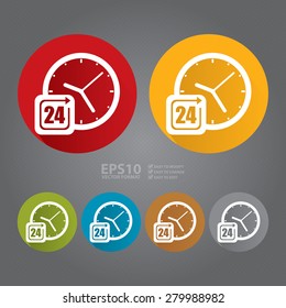 Vector : Circle 24 Hours Service, Open 24 Hours Long Shadow Style Icon, Label, Sticker, Sign or Banner