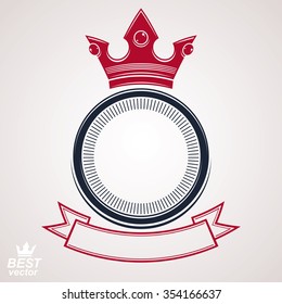 Vector circle with 3d decorative royal crown and festive ribbon, luxury coat of arms. Heraldic coronet symbol, best for graphic and web design.