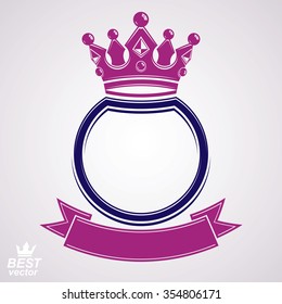 Vector circle with 3d decorative royal crown and festive ribbon, luxury coat of arms. Heraldic coronet symbol, best for graphic and web design.