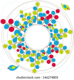 Vector circle abstract wreath birds and btanches