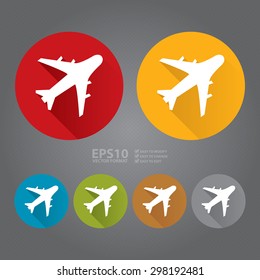 Vector : Circle Aeroplane, Airplane, Airport, Landing Field, or Logistics Flat Long Shadow Style Icon, Label, Sticker, Sign or Banner