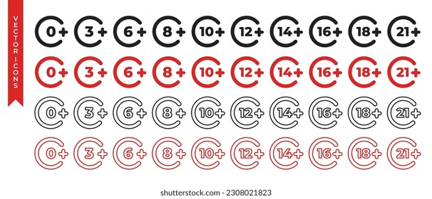 Vector circle age restriction icon set. Age limit icons. Adults content sign isolated on white background red and black colors editable