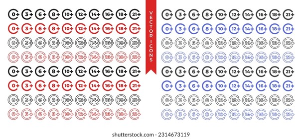 Vector circle age restriction icon set. Age limit icons. Adults content sign isolated on white background red and black colors editable