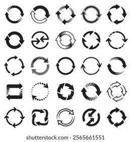 Vector circle arrow load icons grey on white background. Round reloading, recycling or repeating collection.