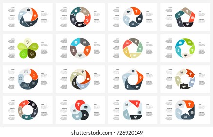 Vector circle arrows geometric infographic, cycle diagram, graph, presentation chart. Business infographics concept with 5 options, parts, steps, processes. 16x9 slide templates bundle.