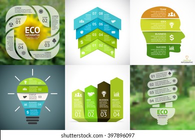 Vector circle arrows green eco infographics set. Ecology diagram, graph, presentation, chart. Organic nature infographic concept with 4, 5, 8 options, parts, steps. Light bulb, human head brain.