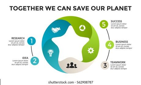 Vector circle arrows green leaves eco infographic. Ecology diagram, flower graph, presentation, chart. Organic nature infographics with 5 options, parts, steps. 16x9 slide template