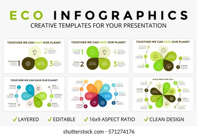 Vector circle arrows green leaves eco infographic. Ecology diagram, graph, presentation, pie chart. Organic nature concept with 3, 4, 5, 6, 7, 8 options, parts, steps.