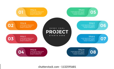Vector circle arrows infographic, cycle diagram, labels graph, stickers presentation chart. Business concept with 8 options, parts, steps, processes. Slide template.
