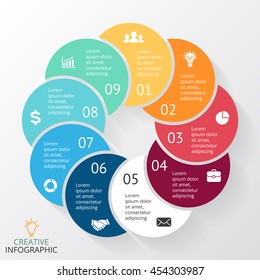 Vector circle arrows infographic, cycle diagram, data graph, presentation chart. Business startup concept with 9 options, parts, steps, processes. Template with round swirl color flower.