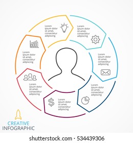 Vector Circle Arrows Infographic, Cycle Diagram, Linear Graph, Presentation Chart. Business Info Graphic Concept With 7 Options, Parts, Step, Process. Arrow Sign. Creative Symbol. Leader, Boss, Chief.