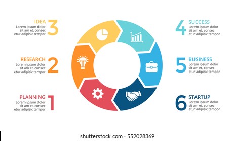 Vector circle arrows infographic, cycle diagram, graph, presentation chart. Business concept with 6 round options, circular parts, equal steps, processes. 16x9 slide. Creative infographics