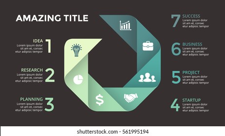 Vector circle arrows infographic, cycle diagram, graph, presentation chart. Business geometric sign concept with 7 options, parts, steps, processes. 16x9 slide infographics template. Dark background