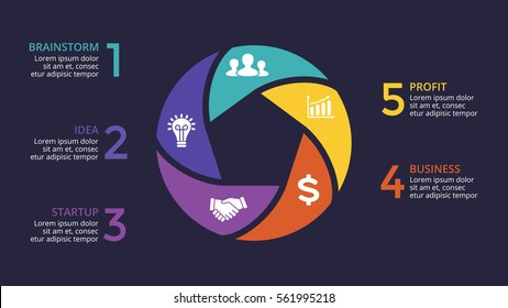 Vector circle arrows infographic, cycle diagram, graph, presentation chart. Business geometric logo concept infographics with 5 options, parts, steps, processes. 16x9 slide template. Dark background