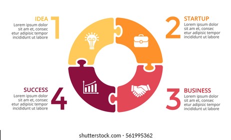 Vector circle arrows infographic, cycle diagram, puzzle jigsaw graph, presentation chart. Business infographics concept with 4 options, parts, steps, processes. 16x9 slide clean white template