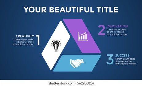 Vector circle arrows infographic, cycle diagram, triangle graph, presentation chart. Business concept infographics with 3 options, parts, steps, processes. Dark background. 16x9 slide template.