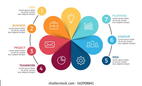 Vector circle arrows infographic, cycle diagram, color flower graph, presentation chart. Business infographics with 7 options, parts, steps, processes. 16x9 slide template.