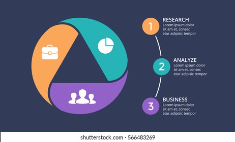 Vector circle arrows infographic, cycle diagram, graph, presentation chart template. Business geometric infographics concept with 3 option, parts, steps, processes. Triangle at dark background.