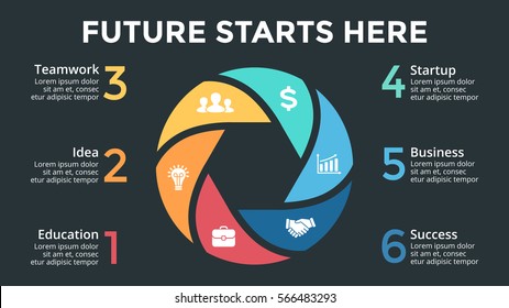 Vector circle arrows infographic, cycle diagram, hexagon graph, presentation chart template. Business infographics concept with 6 options, parts, steps, processes. 16x9 slide. Dark background