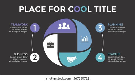 Vector circle arrows infographic, cycle diagram, graph, presentation chart template. Business infographics concept with 4 options, parts, steps, processes. 16x9 slide. Dark background.