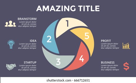 Vector circle arrows infographic, cycle diagram, pentagon graph, presentation chart. Business concept with 5 options, parts, steps, processes. 16x9 dark slide template.