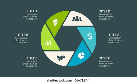 Vector circle arrows infographic, cycle diagram, hexagon graph, presentation chart. Business concept with 6 options, parts, steps, processes. 16x9 dark slide template.