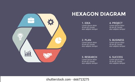 Vector circle arrows infographic, cycle diagram, hexagon graph, presentation chart. Business concept with 6 options, parts, steps, processes. 16x9 dark slide template.