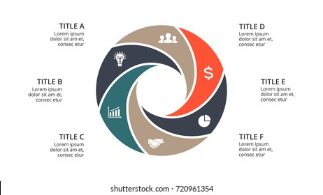 Vector circle arrows infographic, cycle diagram, geometric graph, presentation chart. Business infographics concept with 6 options, parts, steps, processes. 16x9 slide template.