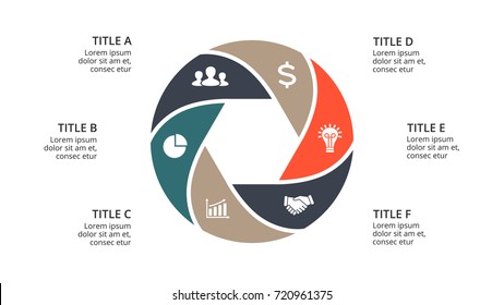 Vector circle arrows infographic, cycle diagram, geometric graph, presentation chart. Business infographics concept with 6 options, parts, steps, processes. 16x9 slide template.