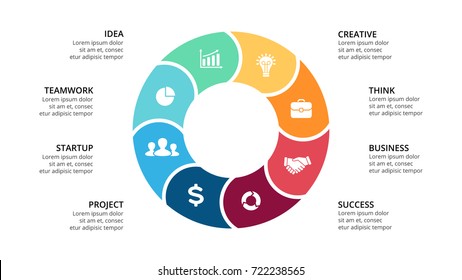 Vector circle arrows infographic, cycle diagram, geometric graph, presentation chart. Business infographics concept with 8 options, parts, steps, processes. 16x9 slide template.