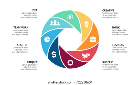 Vector circle arrows infographic, cycle diagram, geometric graph, presentation chart. Business infographics concept with 8 options, parts, steps, processes. 16x9 slide template.