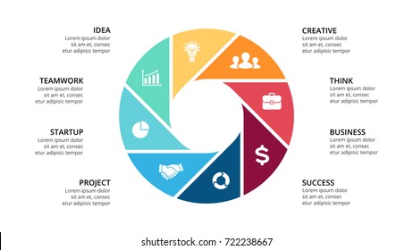 Vector circle arrows infographic, cycle diagram, geometric graph, presentation chart. Business infographics concept with 8 options, parts, steps, processes. 16x9 slide template.