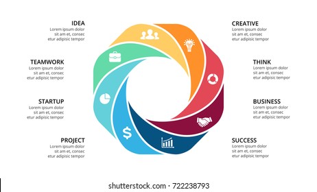 Vector circle arrows infographic, cycle diagram, geometric graph, presentation chart. Business infographics concept with 8 options, parts, steps, processes. 16x9 slide template.
