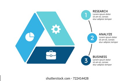 Vector circle arrows infographic, cycle diagram, geometric graph, presentation chart. Business infographics concept with 3 options, parts, steps, processes. 16x9 slide template.