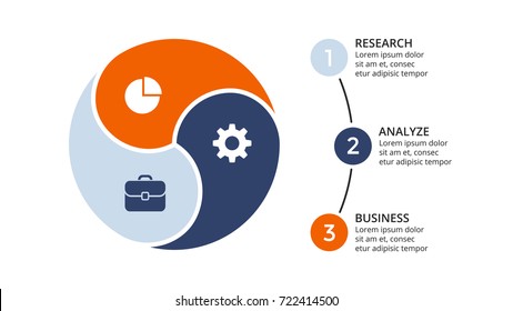 Vector circle arrows infographic, cycle diagram, geometric graph, presentation chart. Business infographics concept with 3 options, parts, steps, processes. 16x9 slide template.
