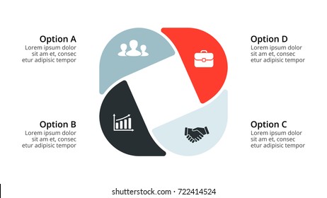 Vector circle arrows infographic, cycle diagram, geometric graph, presentation chart. Business infographics concept with 4 options, parts, steps, processes. 16x9 slide template.