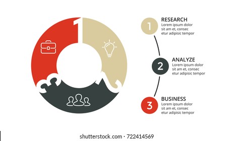 Vector circle arrows infographic, cycle diagram, geometric graph, presentation chart. Business infographics concept with 3 options, parts, steps, processes. 16x9 slide template.