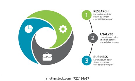 Vector circle arrows infographic, cycle diagram, geometric graph, presentation chart. Business infographics concept with 3 options, parts, steps, processes. 16x9 slide template.