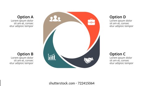 Vector circle arrows infographic, cycle diagram, geometric graph, presentation chart. Business infographics concept with 4 options, parts, steps, processes. 16x9 slide template.