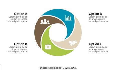 Flechas de círculo vectorial infográficas, diagrama de ciclo, gráfico geométrico, gráfico de presentación. Concepto de infografía empresarial con 4 opciones, partes, pasos, procesos. Plantilla de diapositiva 16x9.