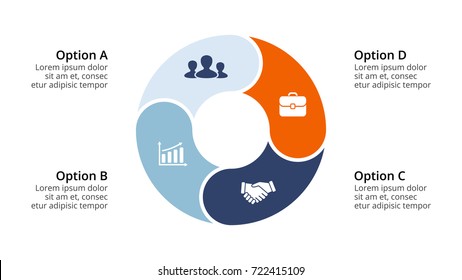 Vector circle arrows infographic, cycle diagram, geometric graph, presentation chart. Business infographics concept with 4 options, parts, steps, processes. 16x9 slide template.