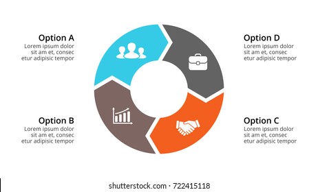 Vector circle arrows infographic, cycle diagram, geometric graph, presentation chart. Business infographics concept with 4 options, parts, steps, processes. 16x9 slide template.